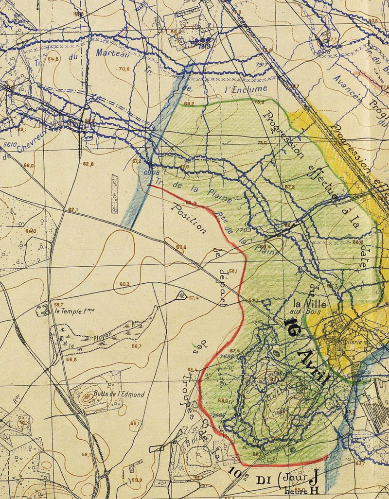 Progression (en vert) de la 10e DI au soir du 16 avril 1917 grâce aux mitrailleurs du groupement Chaubès