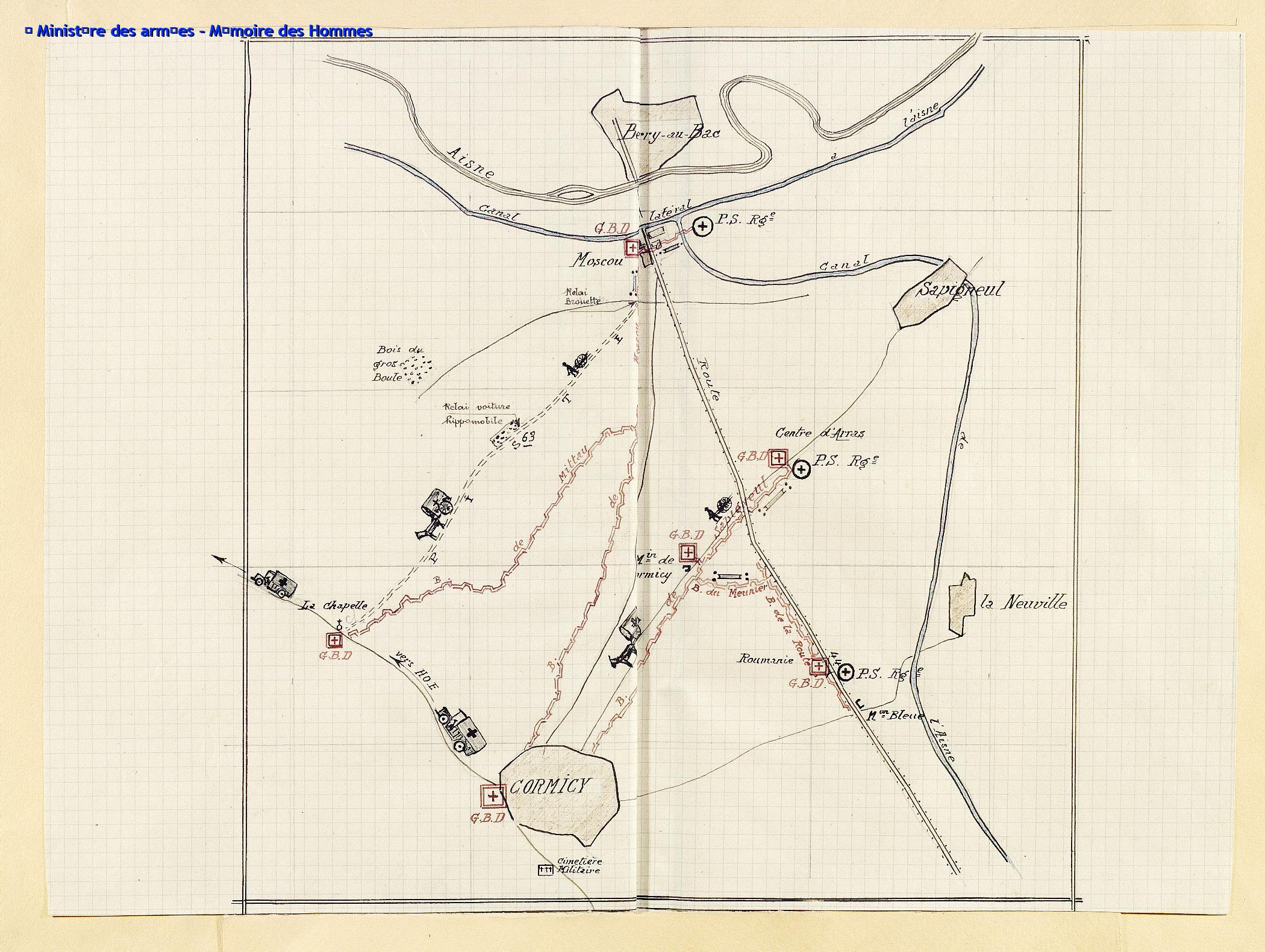 Plan d'évacuation des blessés dans le secteur de Sapigneul - service de santé de la 46e division d'infanterie