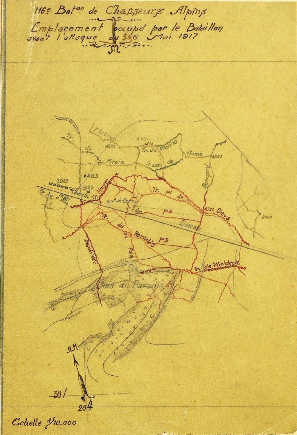 Emplacement occupé par le 116e BCA avant l'attaque du 5 mai 1917