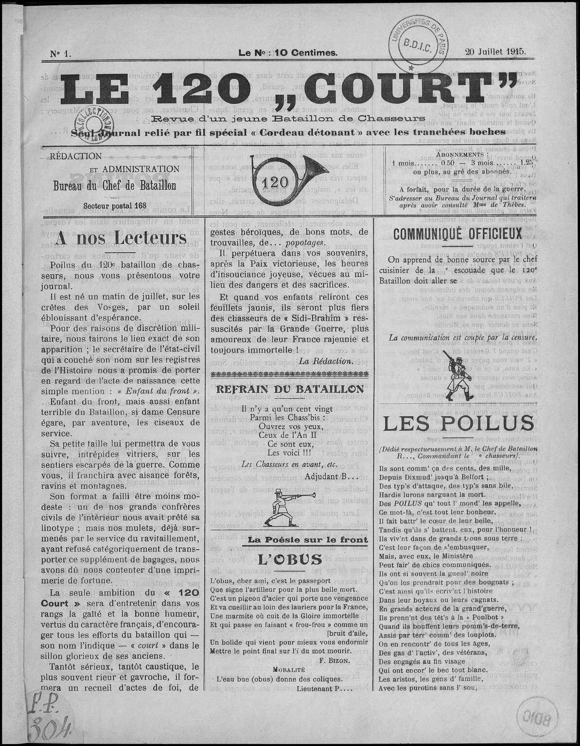 "120 court" numero 1 (sur 46) juillet 1915.