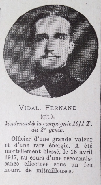 Vidal Fernand Edmond Jules portrait et citation de ce combattant