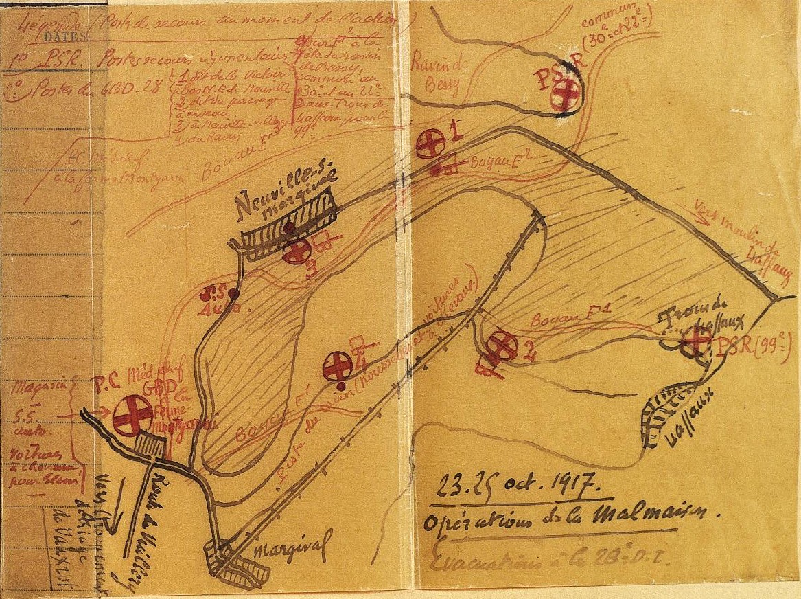Plan d'évacuation des blessés lors des opérations de La Malmaison - GBD 28e division d'infanterie