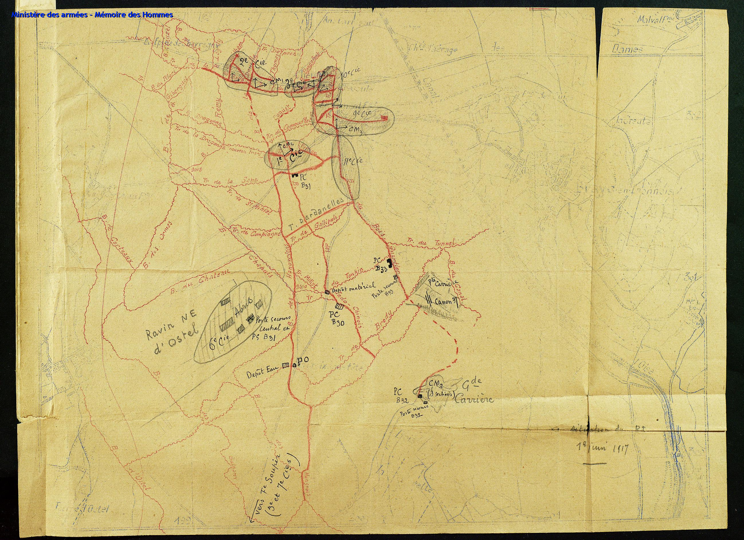 Le 156e R.I. en secteur à Ostel début juin 1917