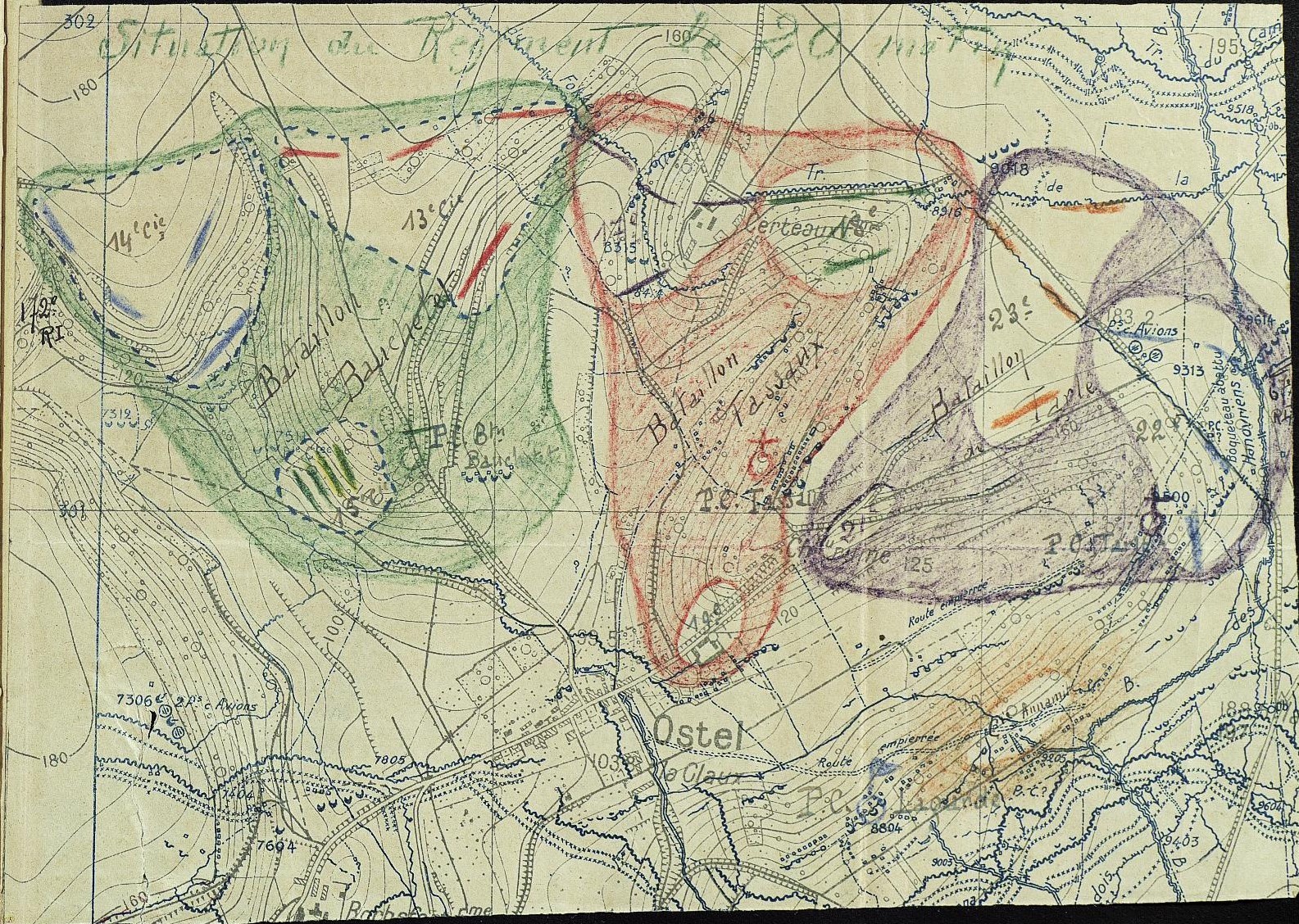 Position du 350e régiment d'infanterie à Ostel le 20 avril 1917
