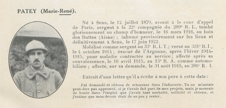 Marie René PATEY Mort pour la France le 16-03-1916