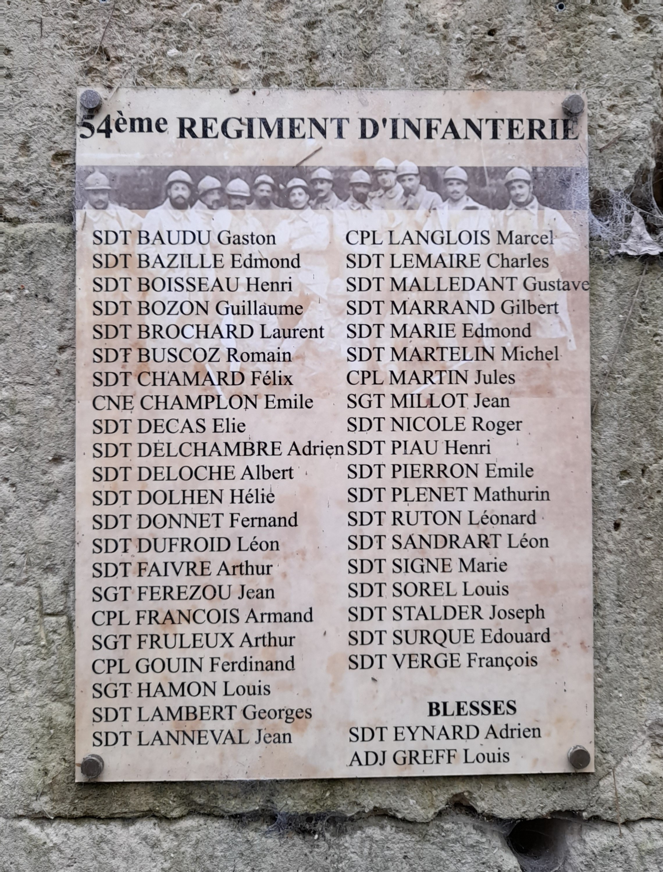 Plaque commémorative Ciry-Salsogne 54ème R.I. (Aisne)