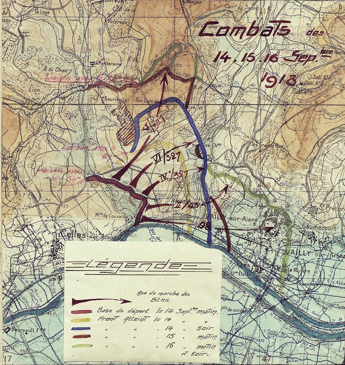 Vailly - front atteint par le 327e régiment d'infanterie le 14 septembre 1918 