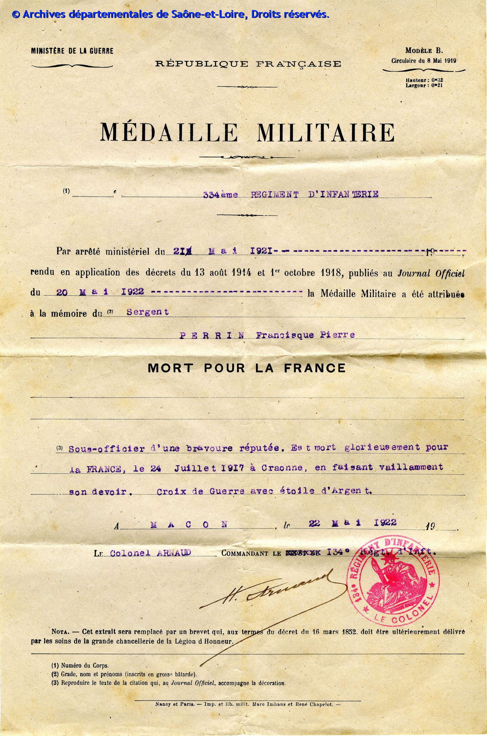 Certificat d'attribution de la médaille militaire