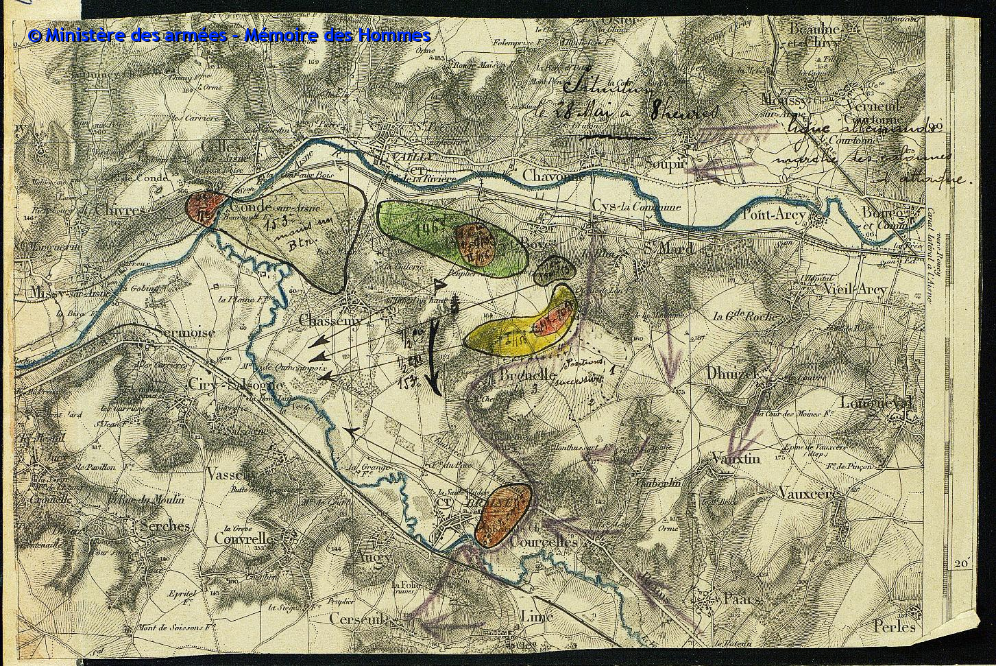 Position du 153e régiment d'infanterie à Chassemy le 28 mai 1918