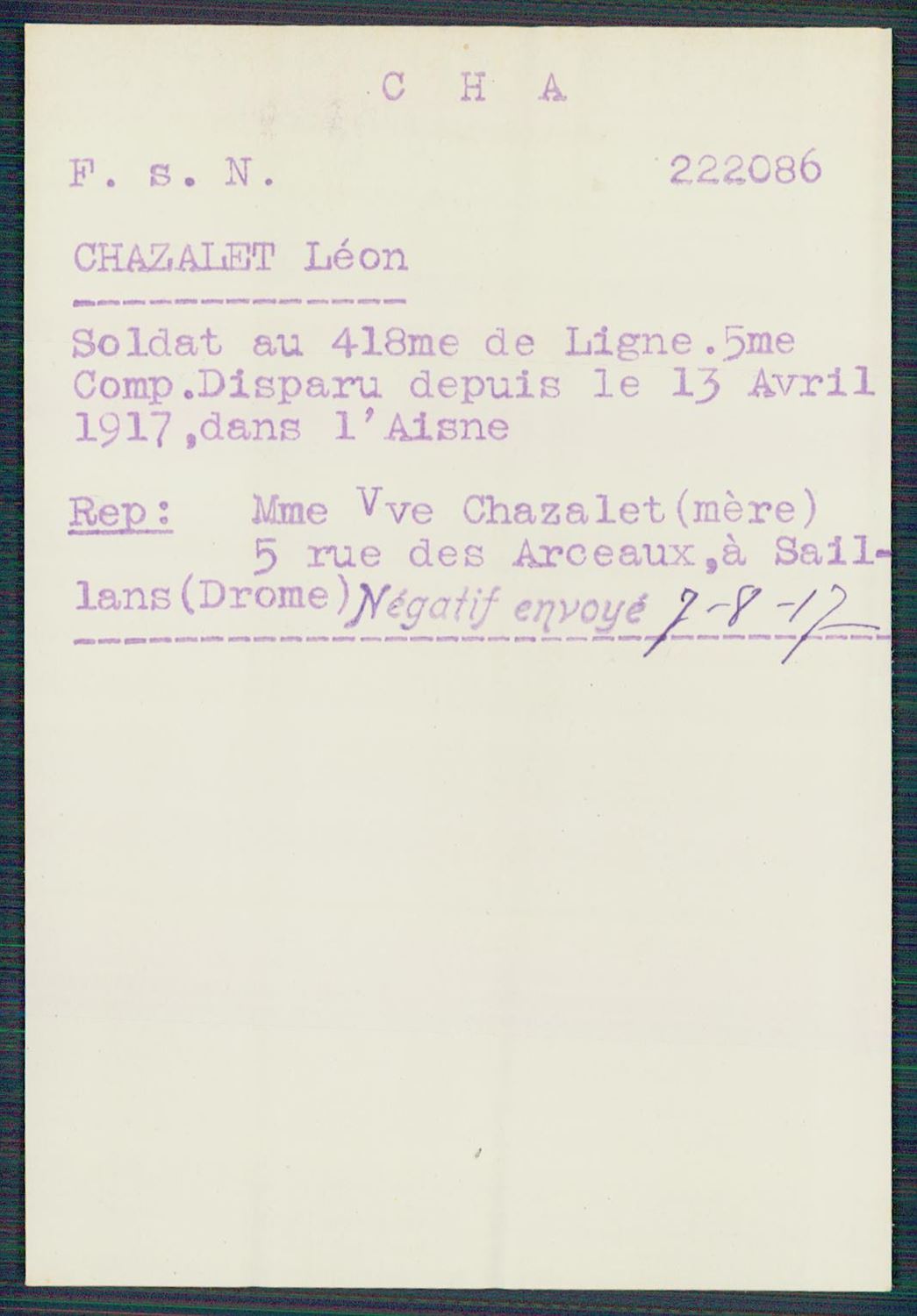 Fiche de demande de renseignements sur Léon Chazalet