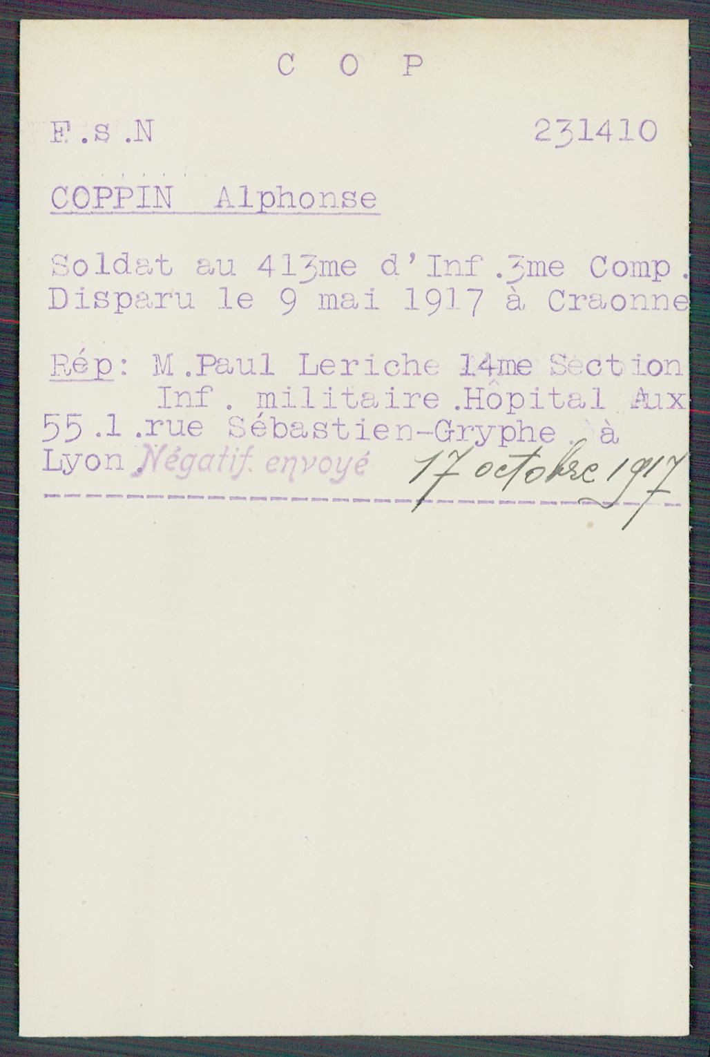 Fiche de demande de renseignements sur Pierre Alphonse Coppin
