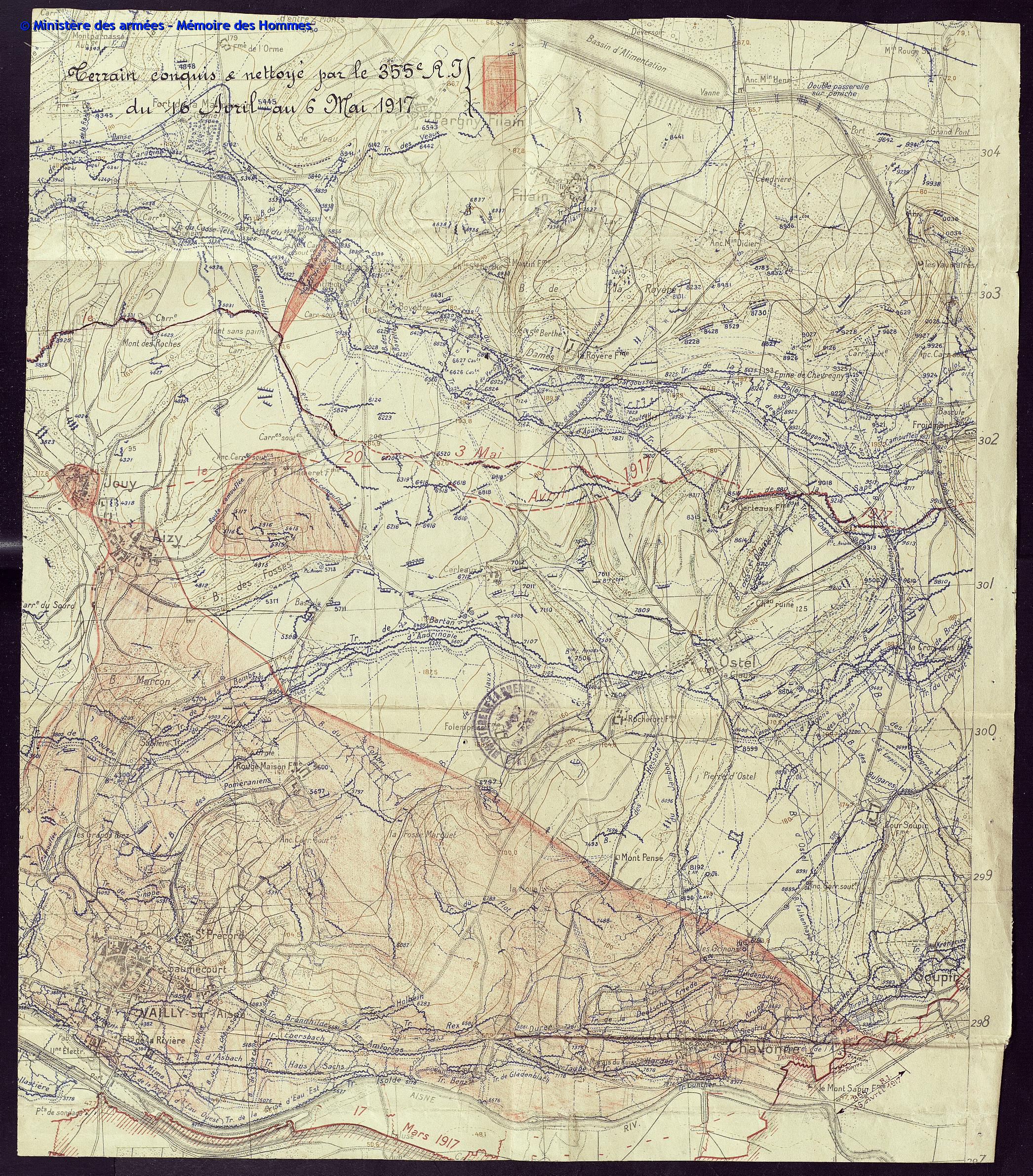 Positions du 355e régiment d'infanterie à Aizy-Jouy début mai 1917