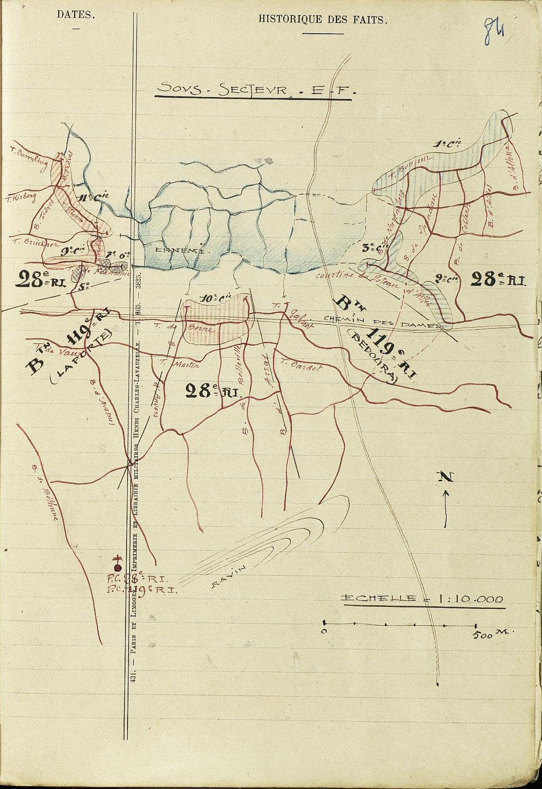 Cerny - Ailles - positions du 28e régiment d'infanterie le 1 juillet 1917 