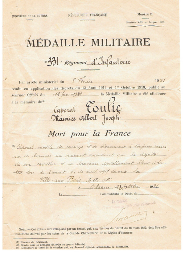 Médaille militaire - TOULIC Maurice