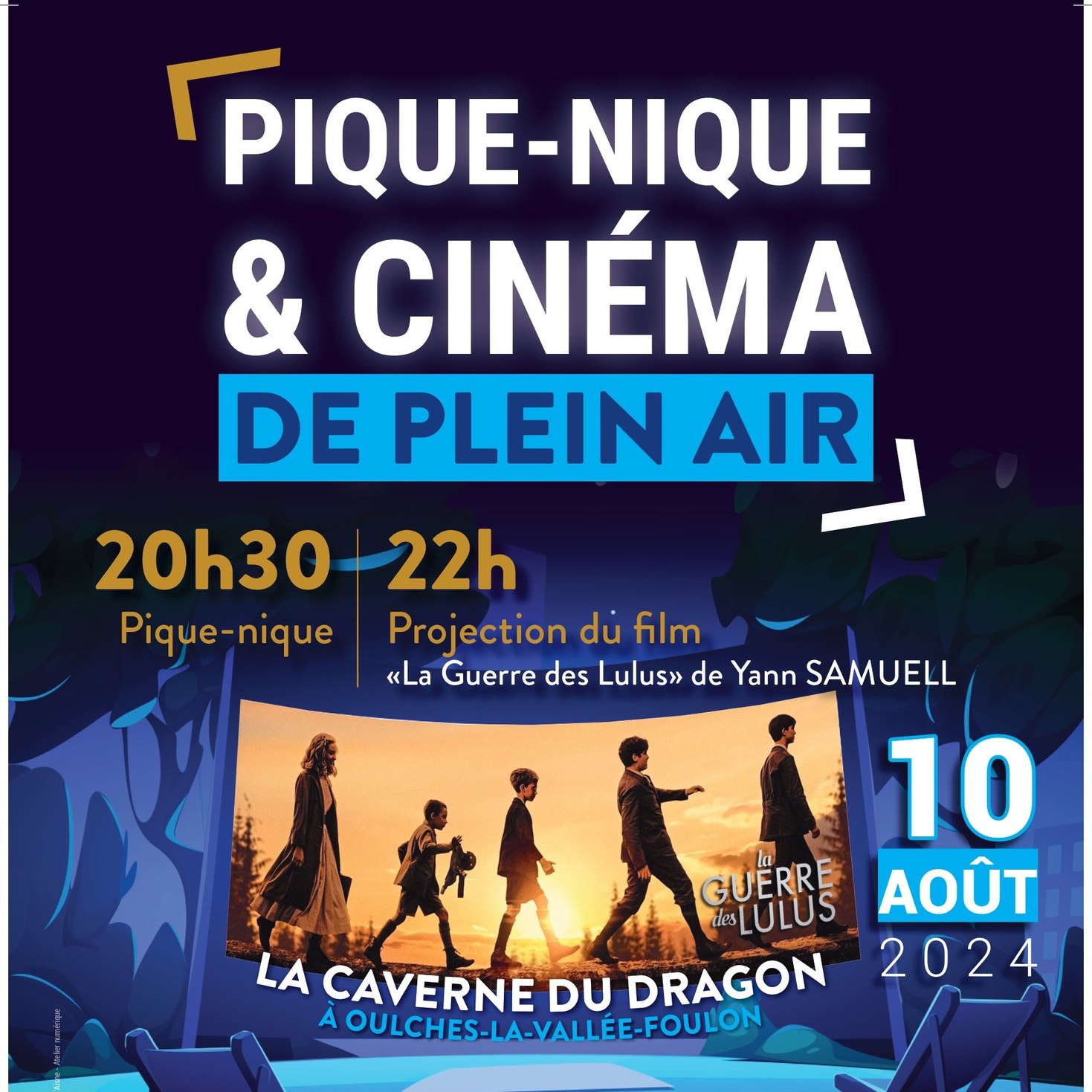 [CINÉMA DE PLEIN AIR]

📽 RDV le Samedi 10 août pour assister à notre séance de cinéma ! 

Au cœur de l'œuvre "la Constellation de la Douleur" par Christian Lapie, La Caverne du Dragon vous propose d'assister à la projection du film "La Guerre des Lulus" (Yann Samuell) à la belle étoile 🌠

On se donne RDV dès 20h30 pour pique-niquer, le food-truck Ben'K - Burger 🍔 sera disponible sur place à partir de 19h30. Début de la séance au coucher du soleil (vers 22h) 🌅

Pas de réservation
Film accessible à toute la famille
Transats et couvertures autorisés
Stationnement unilatéral le long de la RD18 

Plus d'infos au 📞 03 23 25 14 18

#cinemadepleinair #cinema #exterieur #pleinair #film #laguerredeslulus #aisne #departementdelaisne #cavernedudragon #chemindesdames #piquenique #foodtruck #evenement #anepasmanquer