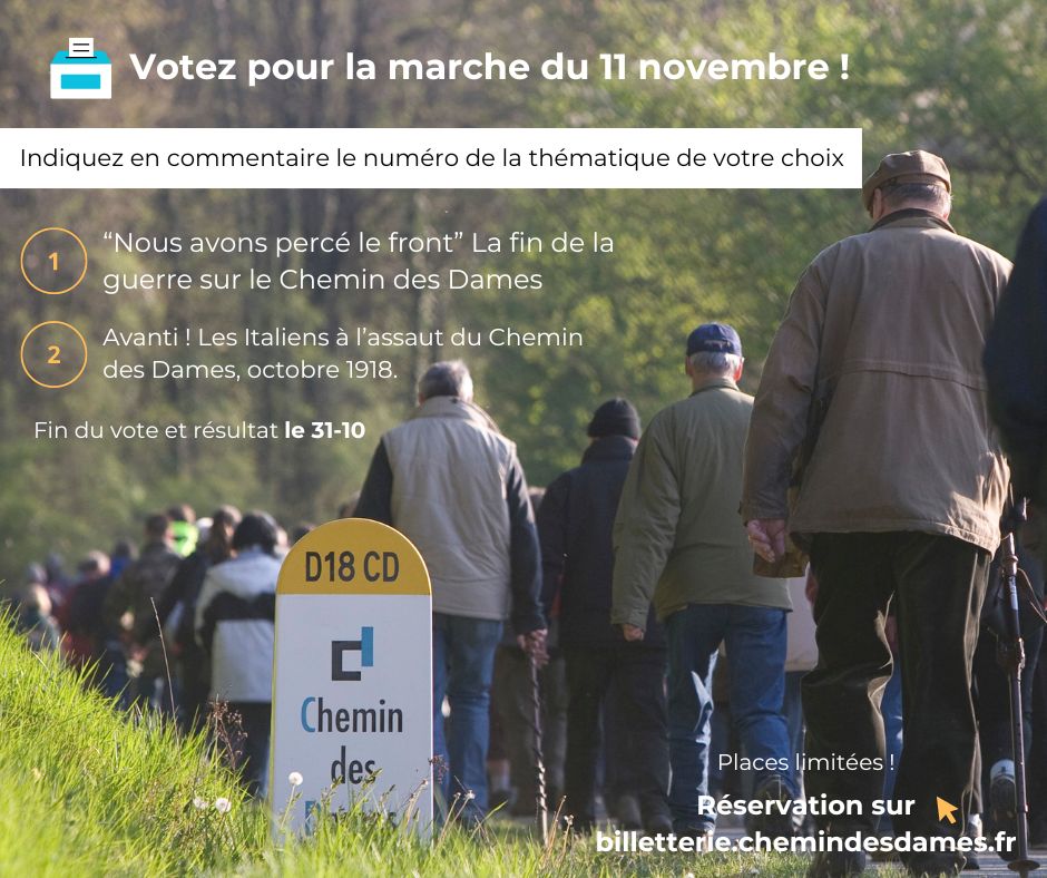 [11 NOVEMBRE]

A vos votes ! 🗳

Choisissez la thématique de la marche commémorative du 11 novembre 2024. Indiquez "1" ou "2" en commentaire et réservez votre place sur 📲 billetterie.chemindesdames.fr

👀 Places limitées ! La réservation est conseillée. RDV le 11 novembre à 13h30 à la Caverne du Dragon. 
Déplacement en véhicule personnel / Durée : 2h30

📌 Plus d'infos sur chemindesdames.fr

#11novembre #armistice #choic #vote #visiteguidee #marchecommemorative #grandeguerre #premiereguerremondiale #